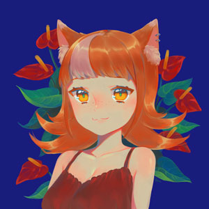 A bust painting original character, Tango, surrounded by anthurium flowers. Anthurium are also known as 