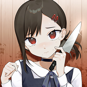 Kobeni from Chainsaw Man coyly holding a knife backed up against a blood-spattered wall.