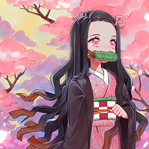 Nezuko from Kimetsu not Yaiba (Demon Slayer) surrounded by sakura trees.