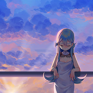 A painting featuring a cloudy sunset over the ocean behind my original character, Shio