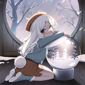 An original piece featuring a bunny girl draped over a giant snowglobe in an attic filled with snow.